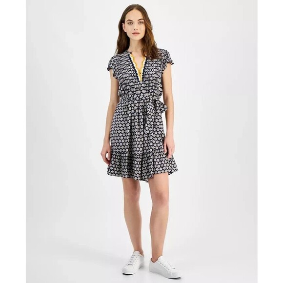 Nautica Jeans Women’s Crochet-Trim Flutter-Sleeve Short Dress, Gray, S - Picture 1 of 4
